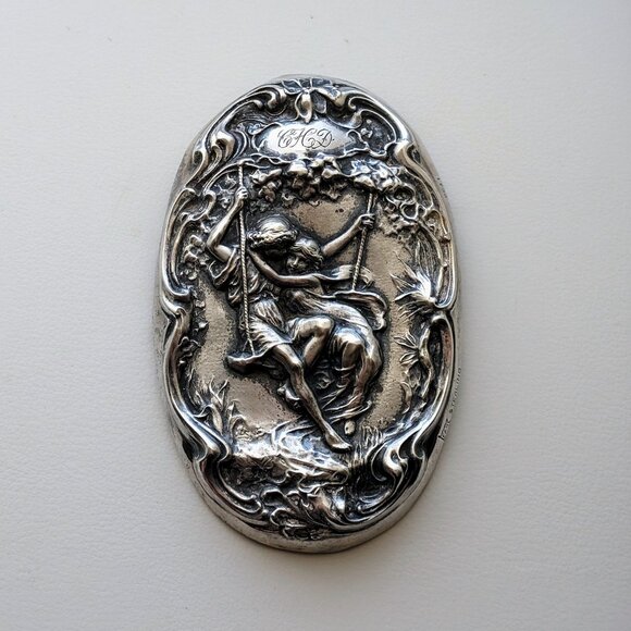 HUGE Antique Art Nouveau Foster & Bailey Paul & Virginia Sterling Brooch Pin - Picture 1 of 6